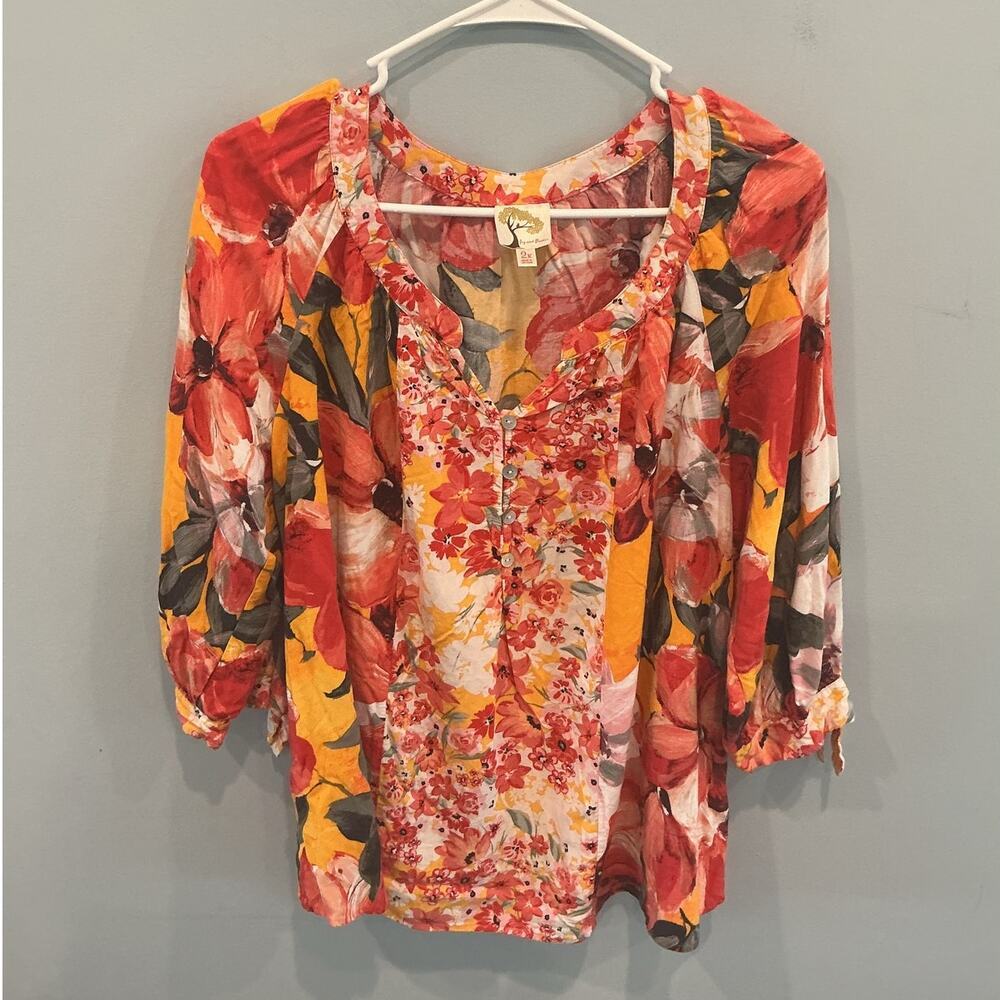 Fig & Flower Womens Lightweight Top Size 2X Yellow Floral Office Career Spring